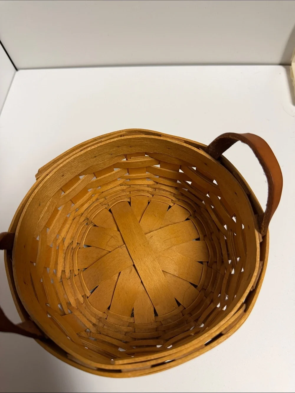 Longaberger Tan-Brown Woven Wood Basket with Leather Handles